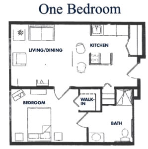 A floor plan layout for a one-bedroom apartment, featuring a living/dining area, kitchen, bedroom, bathroom, and walk-in closet.