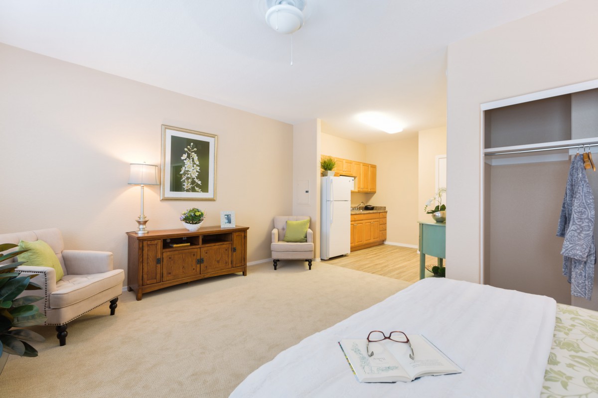 A cozy bedroom with a view of a kitchenette, featuring modern furniture and decor.