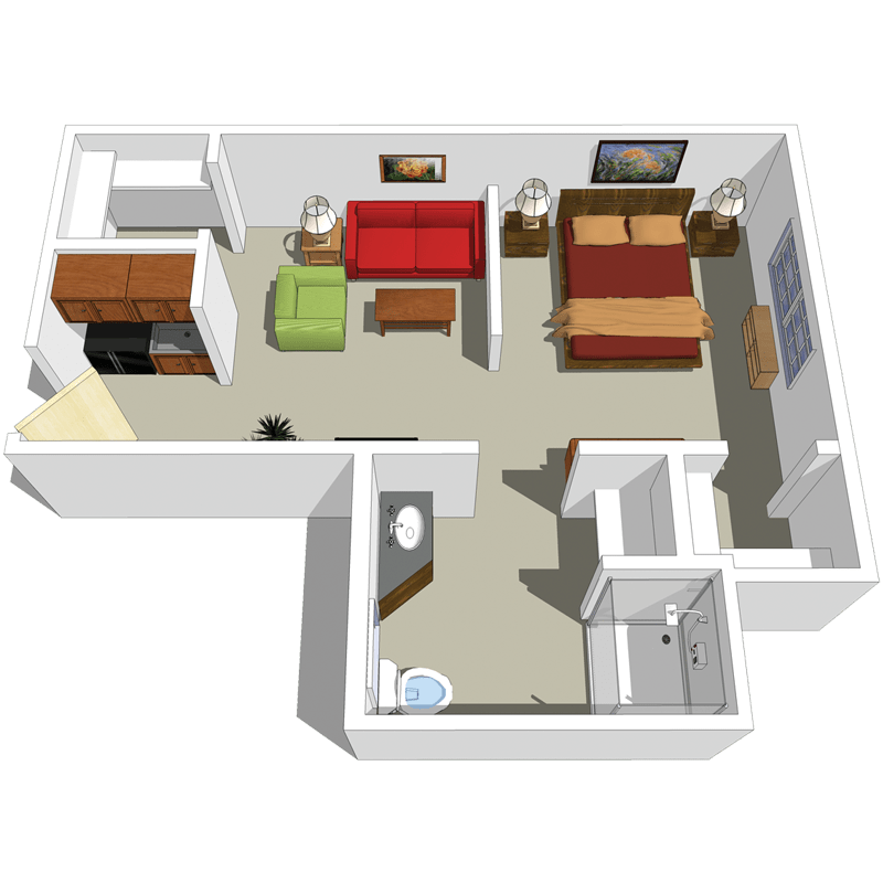 A 3D floor plan of a one-bedroom apartment featuring a living room and furniture arrangement.