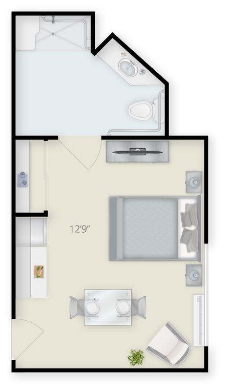 Studio apartment floor plan with a bed, small living area, and bathroom.