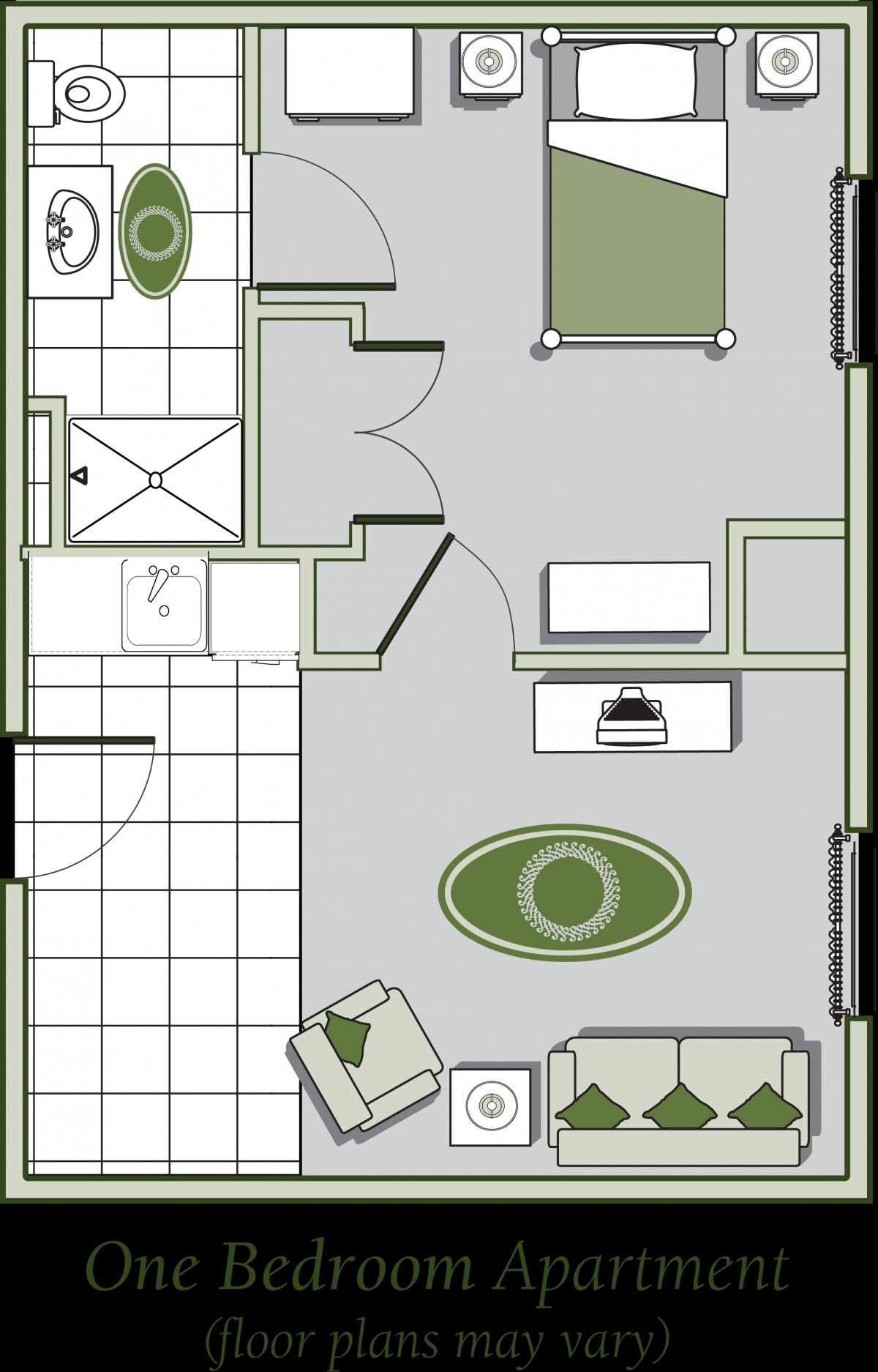 A floor plan of an apartment showcasing the layout of rooms and furniture.