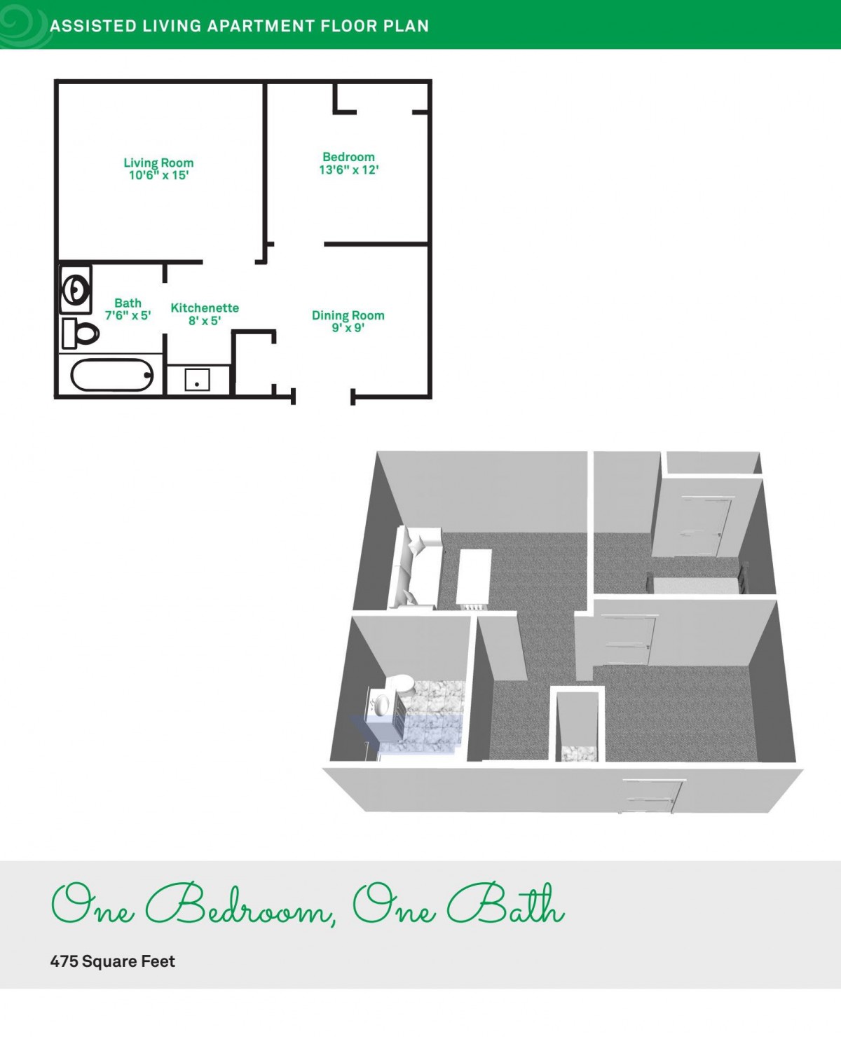 One Bedroom One Bathroom Apartment Layout and 3D Model