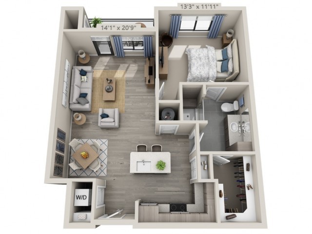 A detailed floor plan of a modern one-bedroom apartment featuring a living room, kitchen, and bathroom.