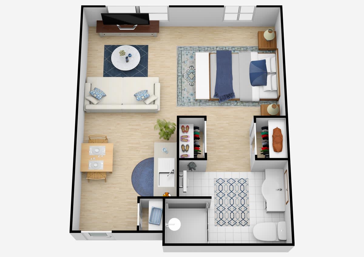 A modern 1-bedroom apartment floor plan featuring a living room, kitchen, and bathroom.