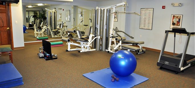 A well-equipped gym with various exercise machines and a blue medicine ball on the floor.