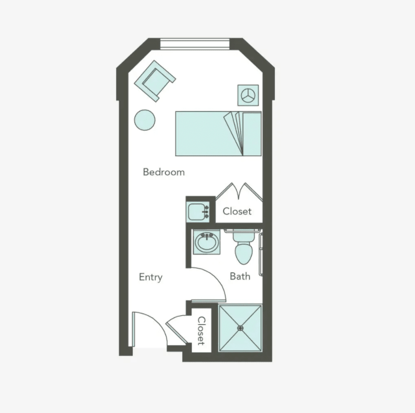 A compact one-bedroom apartment floor plan showcasing efficient use of space.