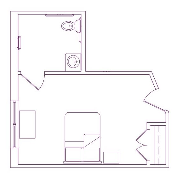 A simple floor plan showing the layout of a small apartment with a bathroom and main living area.