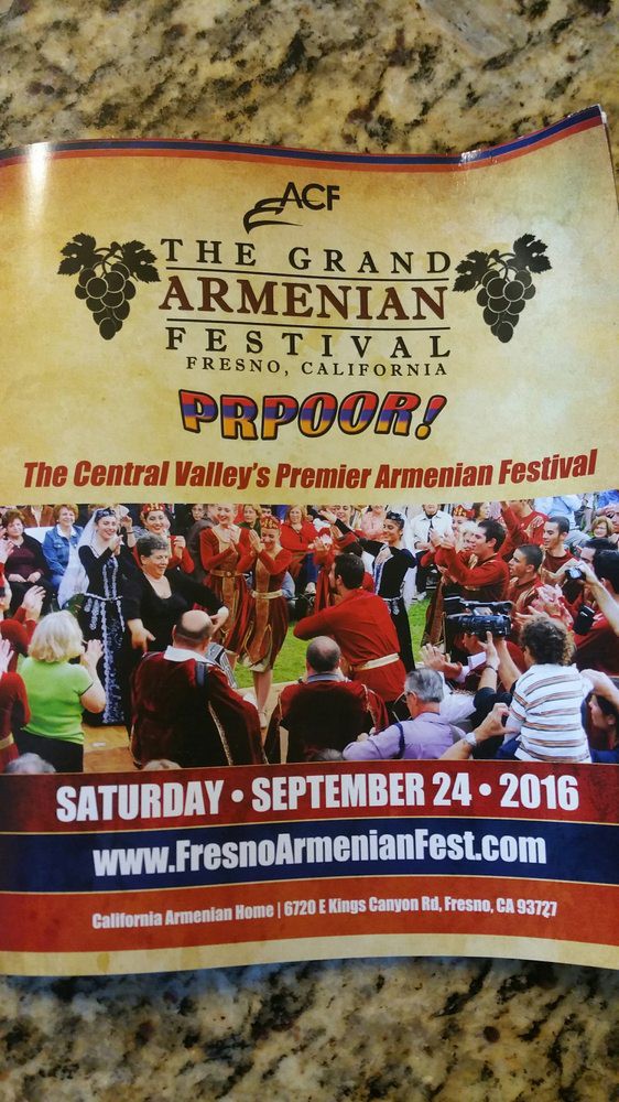 Promotional flyer for The Grand Armenian Festival in Fresno, California, featuring cultural dance and music on September 24, 2016.