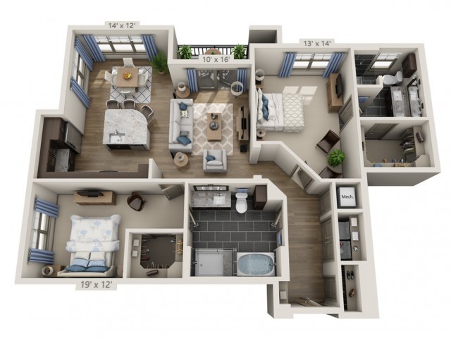 3D rendered floor plan of an apartment with detailed room layout.