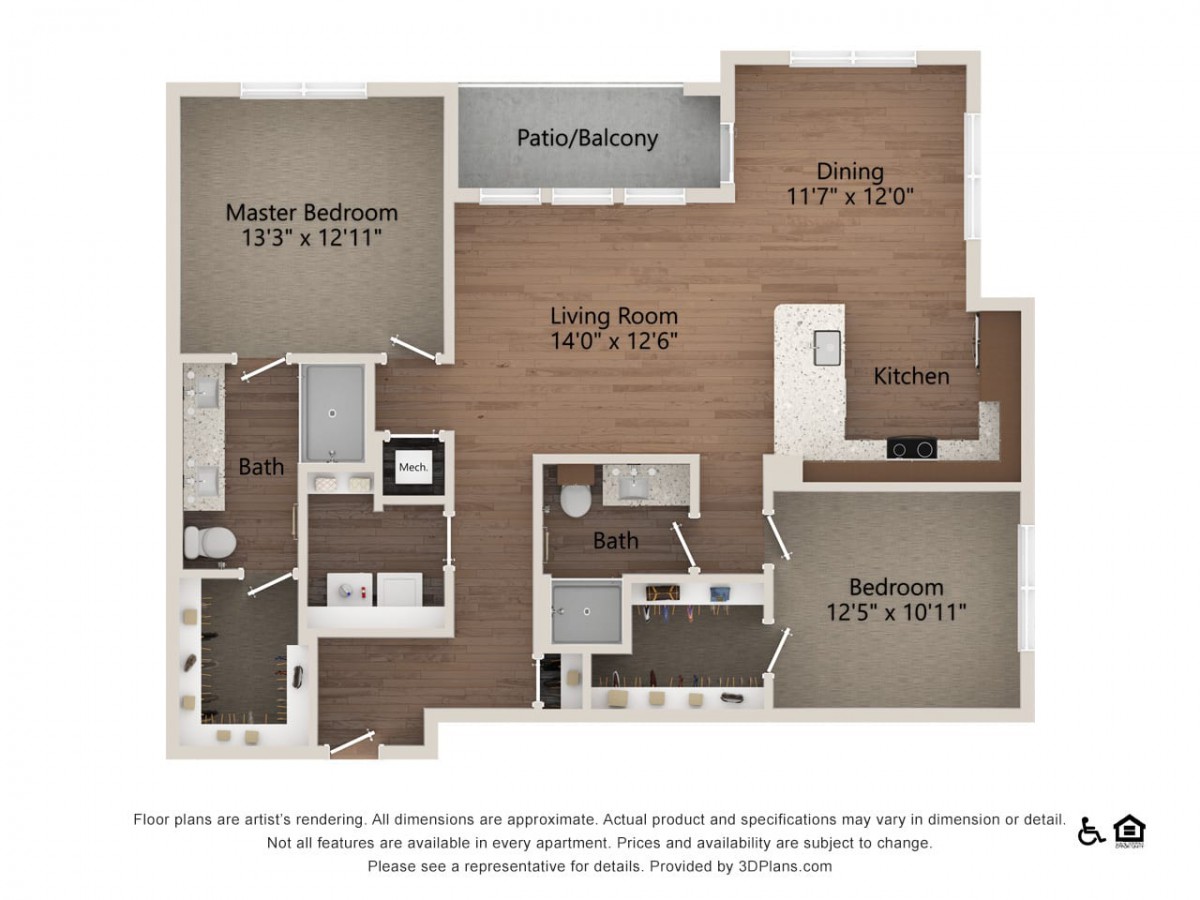 This is a two-bedroom apartment floor plan featuring a master bedroom, living room, dining area, kitchen, and balcony.