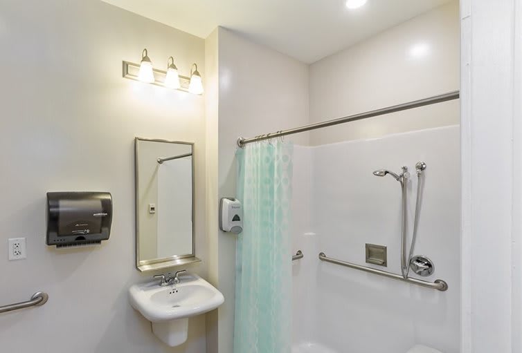 A modern bathroom with a shower, sink, and mirror.