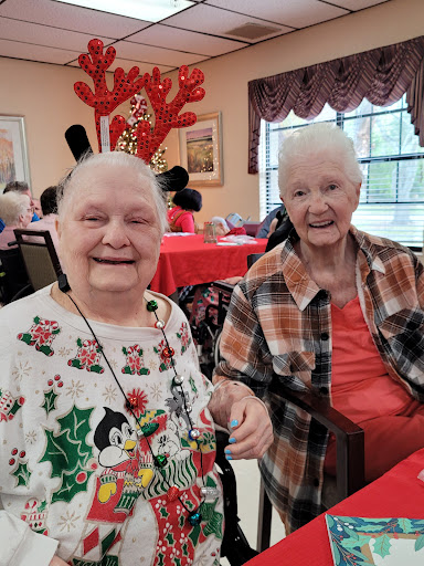 Two cheerful seniors enjoying a festive holiday gathering.