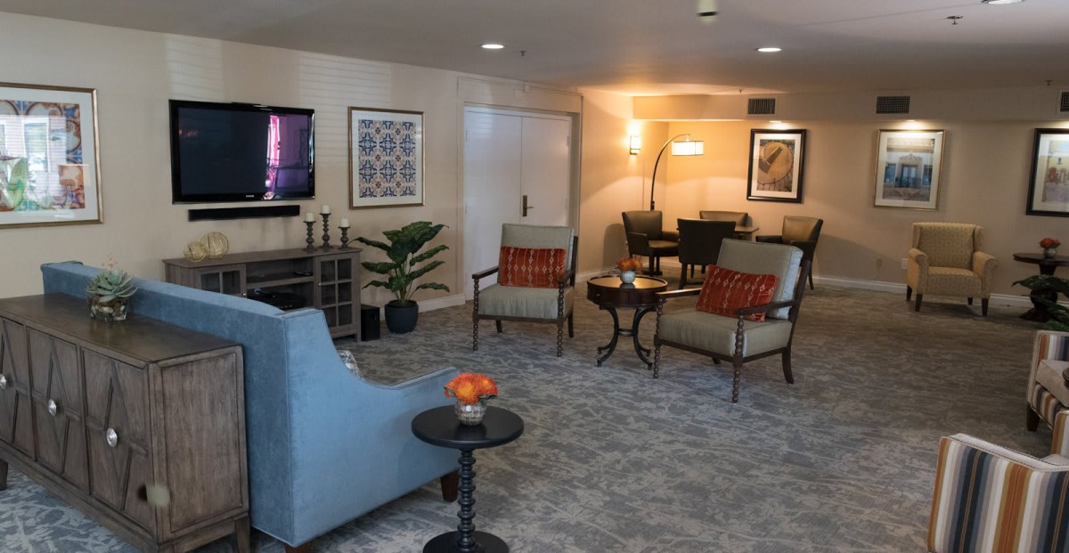 A cozy living room featuring comfortable seating, a TV, and decorative elements.