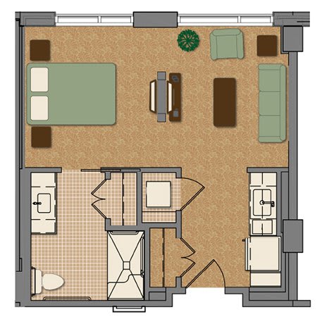 A floor plan of a one-bedroom apartment, featuring a living room, bedroom, bathroom, and kitchen.