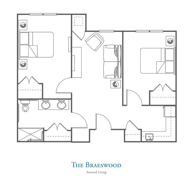 The blueprint of a two-bedroom apartment with a bathroom and kitchen.