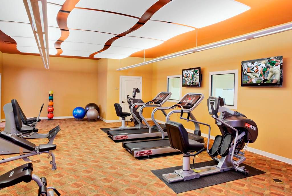 A modern gym with cardio equipment and fitness accessories.