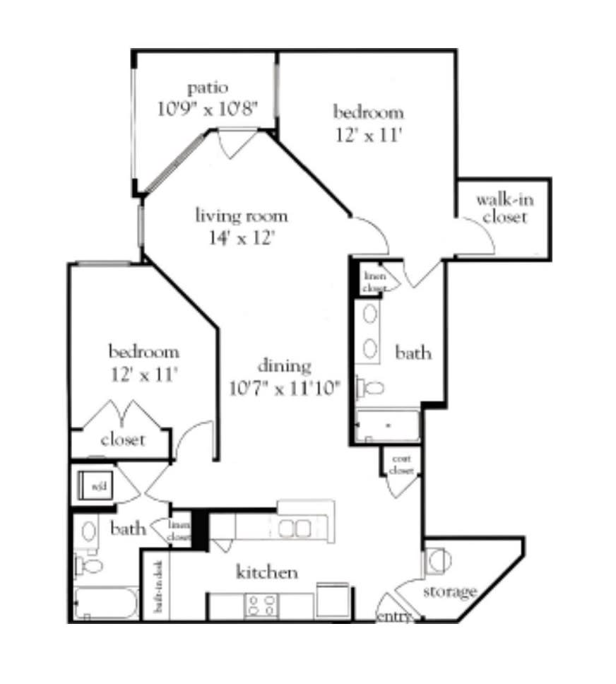 A detailed floor plan of an apartment showing the dimensions and layout of rooms including bedrooms, living room, dining area, kitchen, bathrooms, patio, and closets.