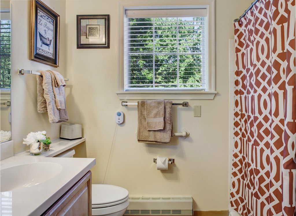 A well-lit bathroom interior with a shower curtain and towel rack.