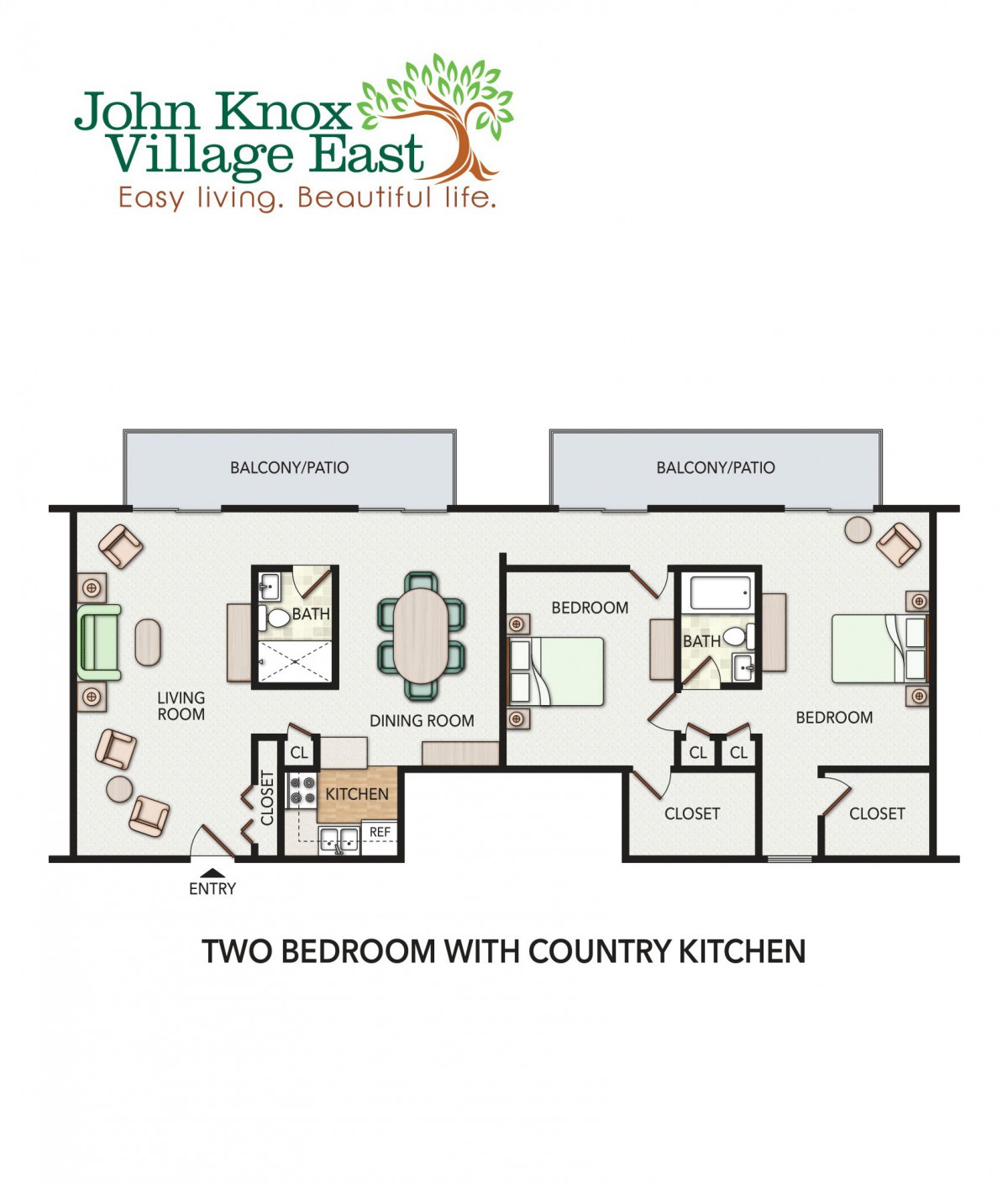 Two-bedroom apartment floor plan with country kitchen and balconies.
