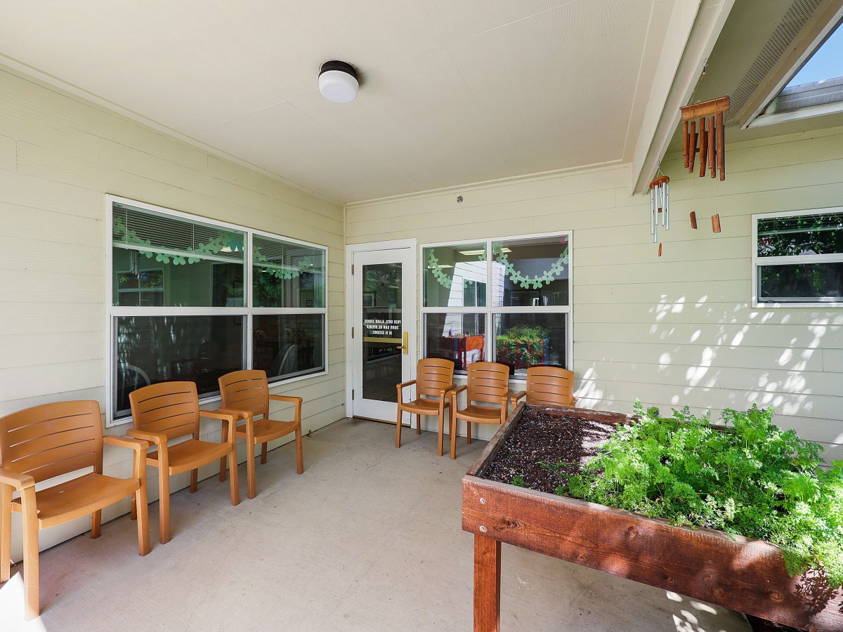 A cozy patio area with wooden chairs, a planter box with greenery, and large windows letting in natural light.