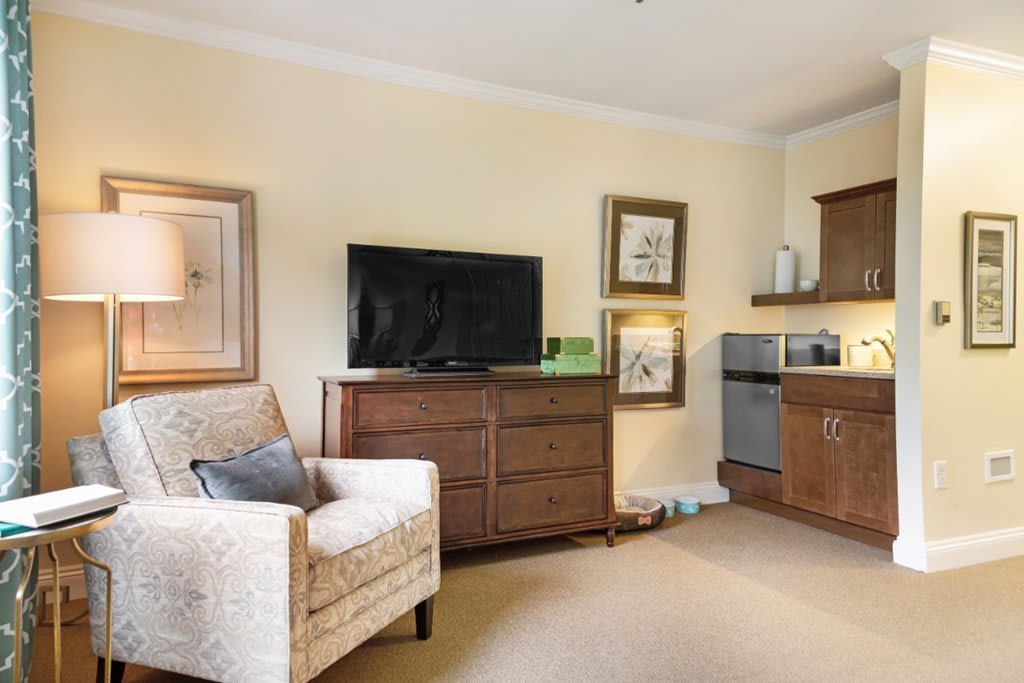 A cozy living room area with a television, armchair, and kitchenette.