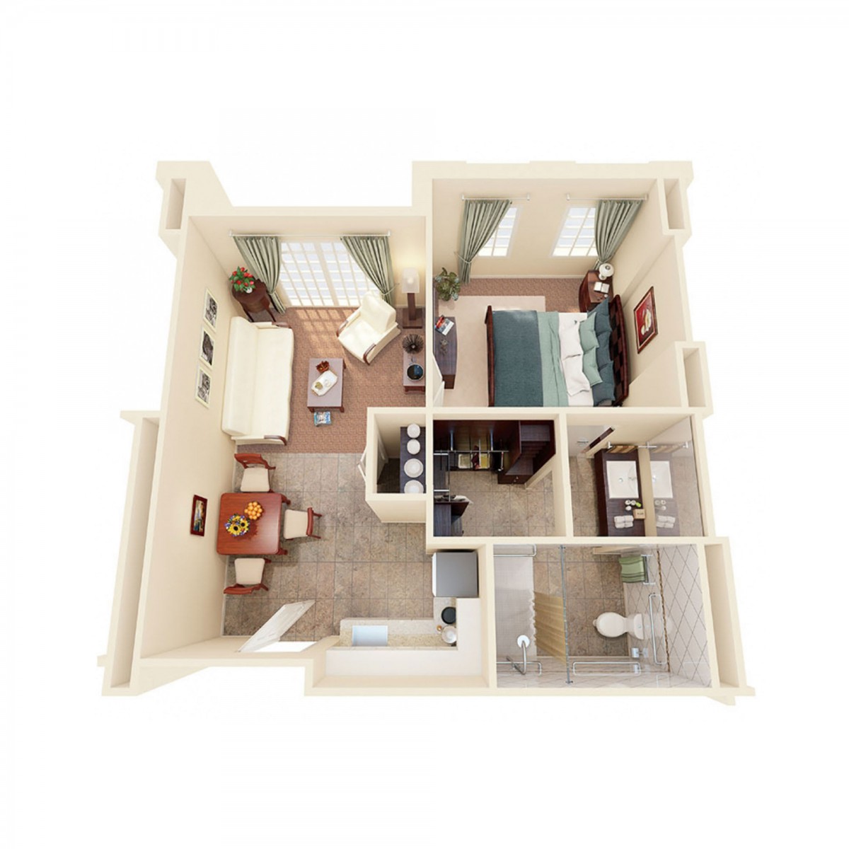 A 3D floor plan of a one-bedroom apartment, featuring a living room, kitchen, and bathroom.