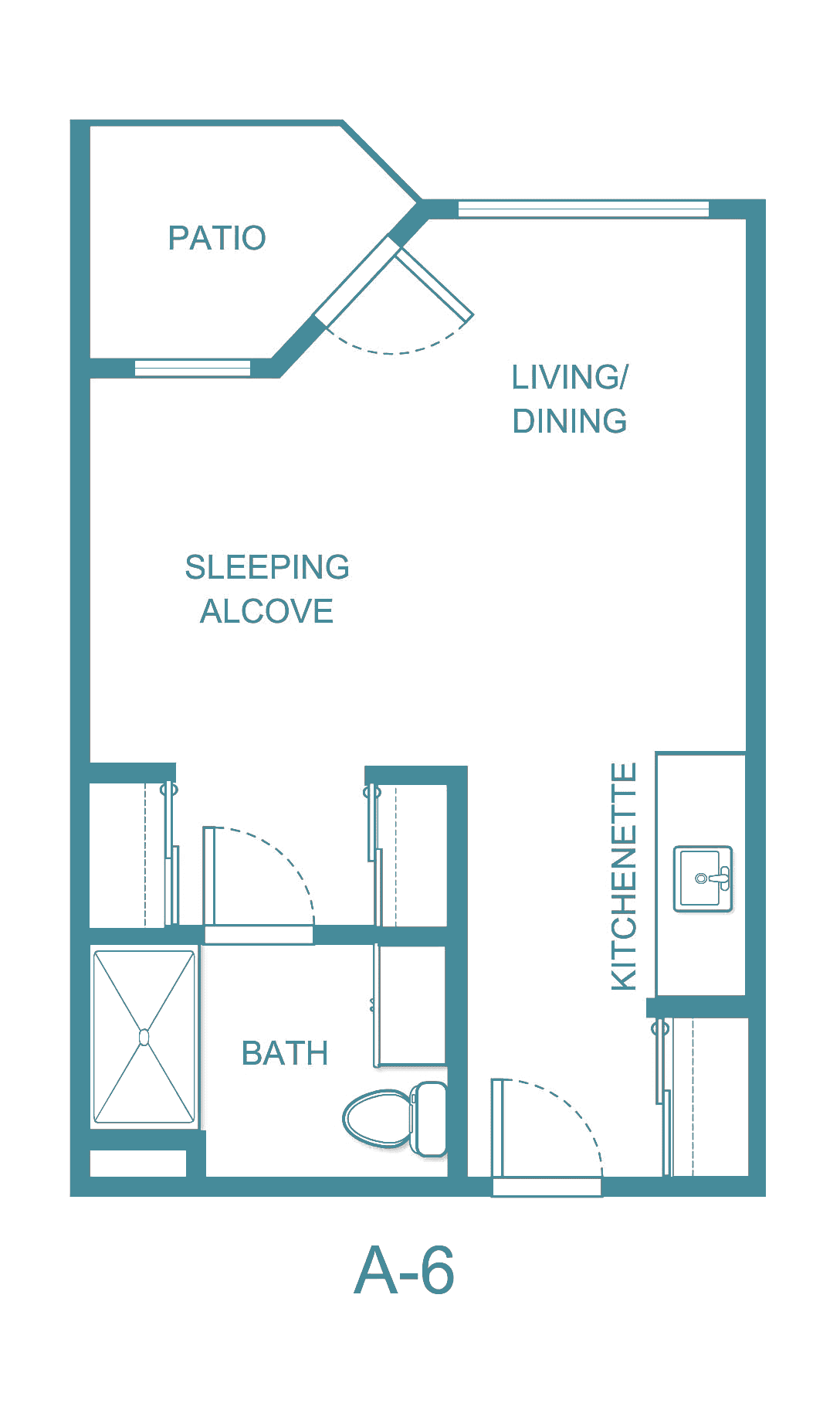 A floor plan of a studio apartment with a kitchenette, sleeping alcove, and bath.