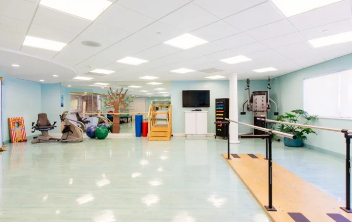 A spacious rehabilitation center equipped with various exercise equipment and therapy tools.