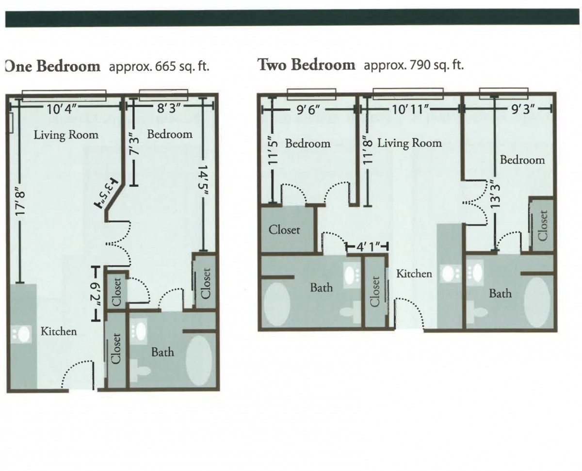 Floor plans for one-bedroom and two-bedroom apartments.