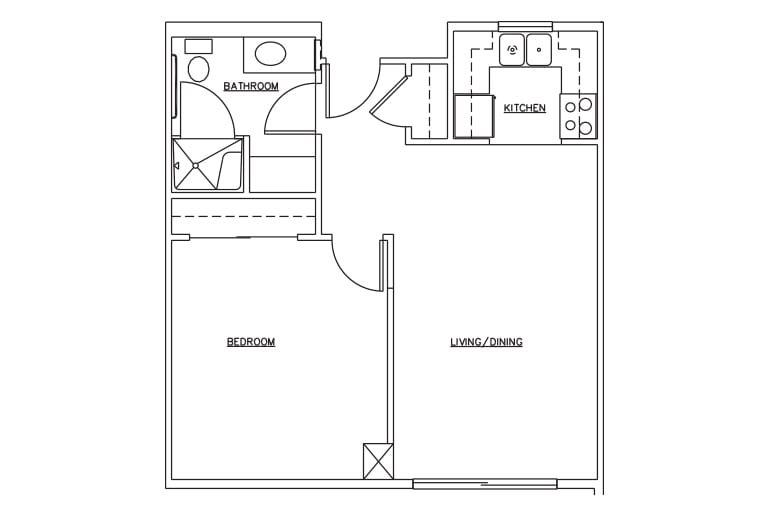 A schematic floor plan of a one-bedroom apartment, showcasing the arrangement of living spaces including a living room, kitchen, and bathroom.