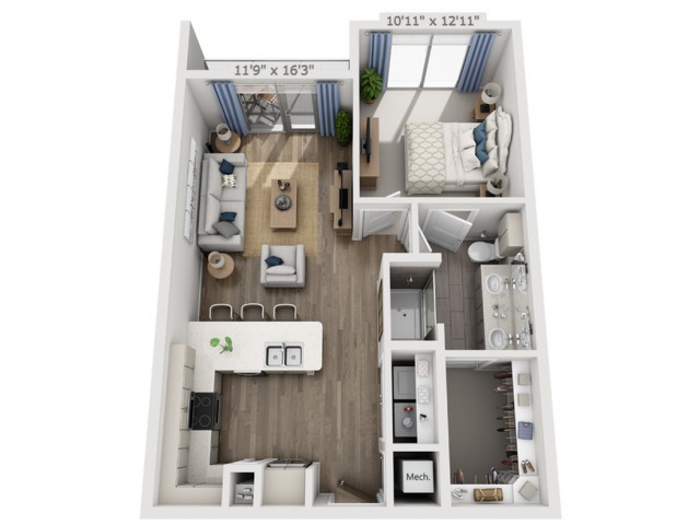A 3D floor plan of a one-bedroom apartment featuring a living room, kitchen, and bathroom.