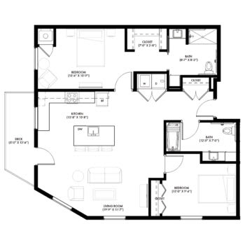 Floor plan of a modern apartment featuring two bedrooms, a kitchen, and living area.