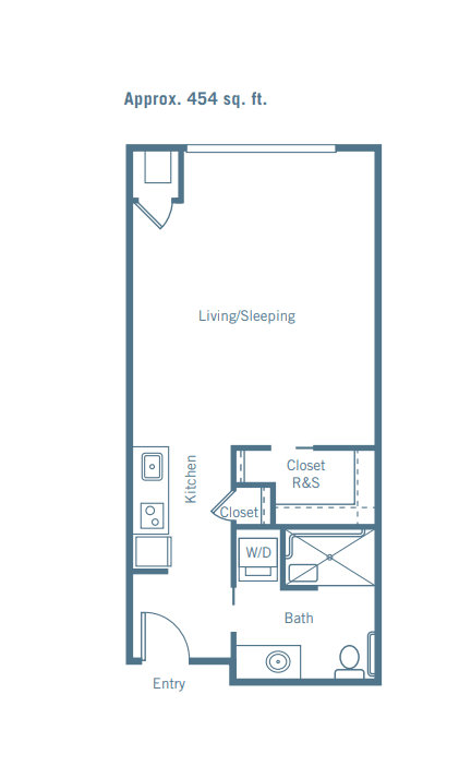 A floor plan of a studio apartment showcasing the living/sleeping area, kitchen, closet, and bathroom.