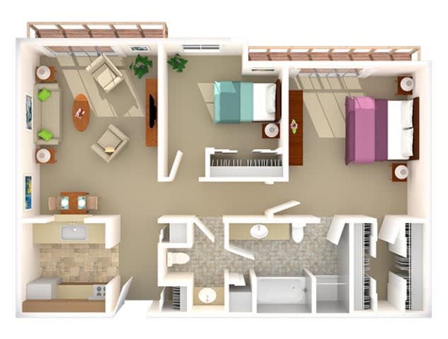 A floor plan depicting a residential apartment layout with multiple bedrooms, a living room, and a kitchen.