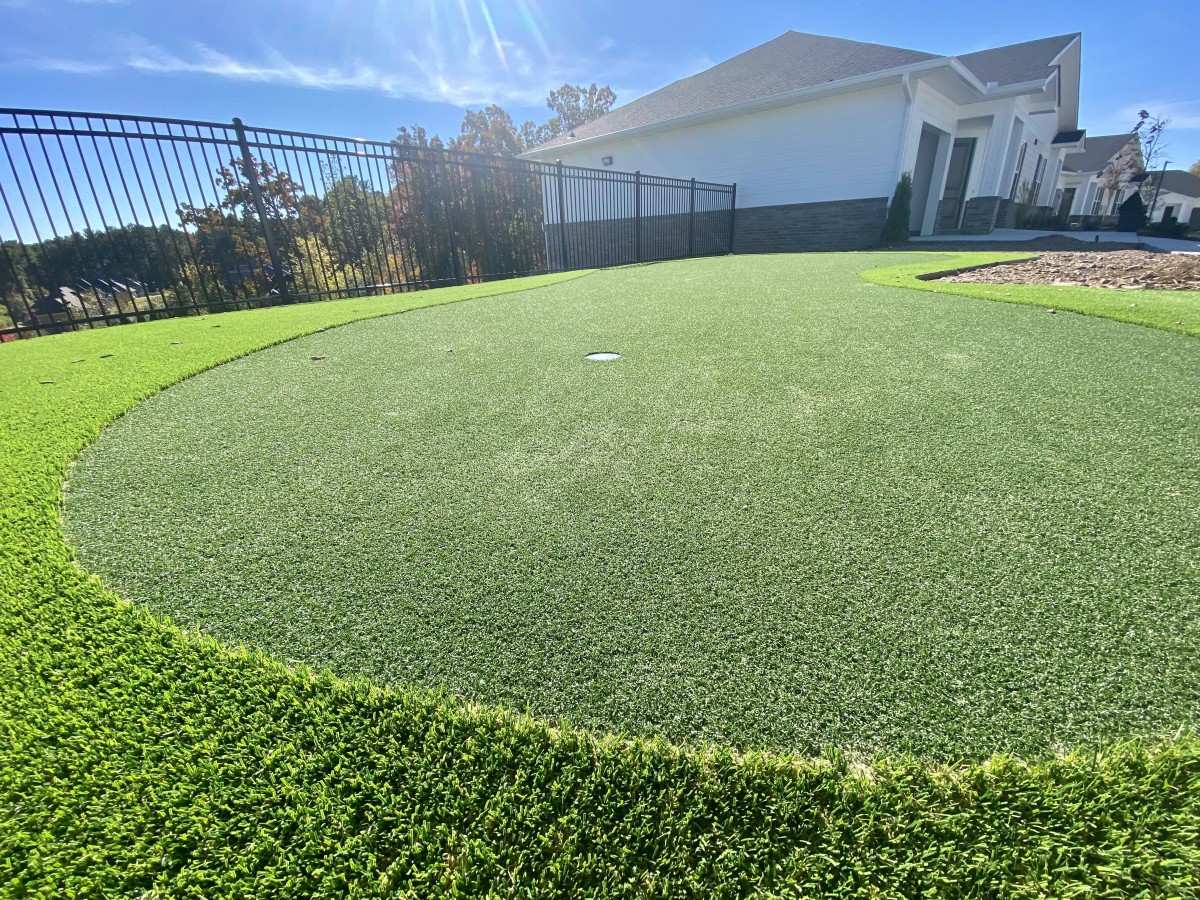 A backyard putting green with artificial turf under a clear blue sky.