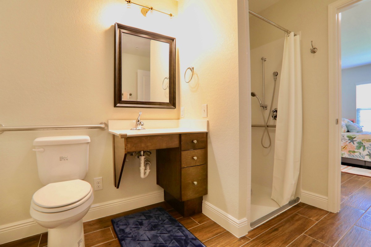 A modern bathroom featuring a vanity with a mirror, a toilet, and a shower with a curtain.