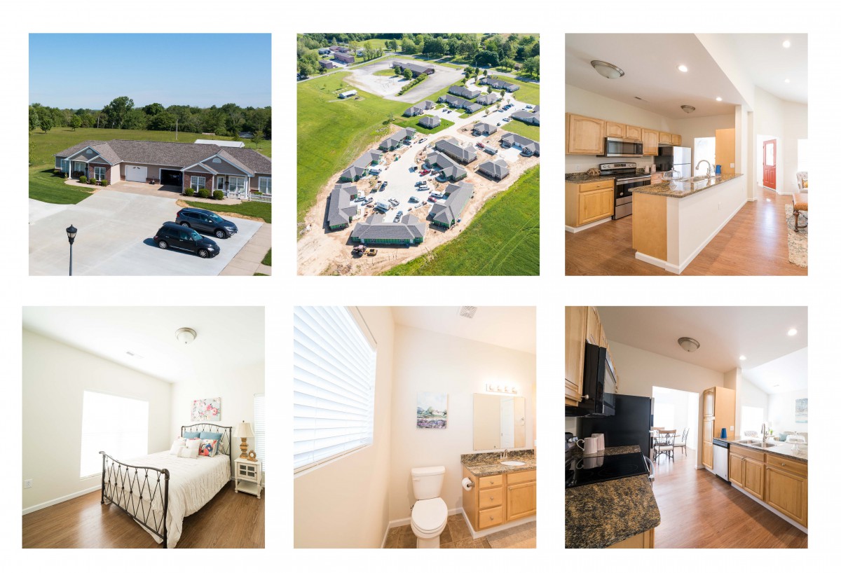 Collection of images showing an aerial view of a residential area and the interiors of a modern home, featuring the kitchen, bedroom, bathroom, and living room.