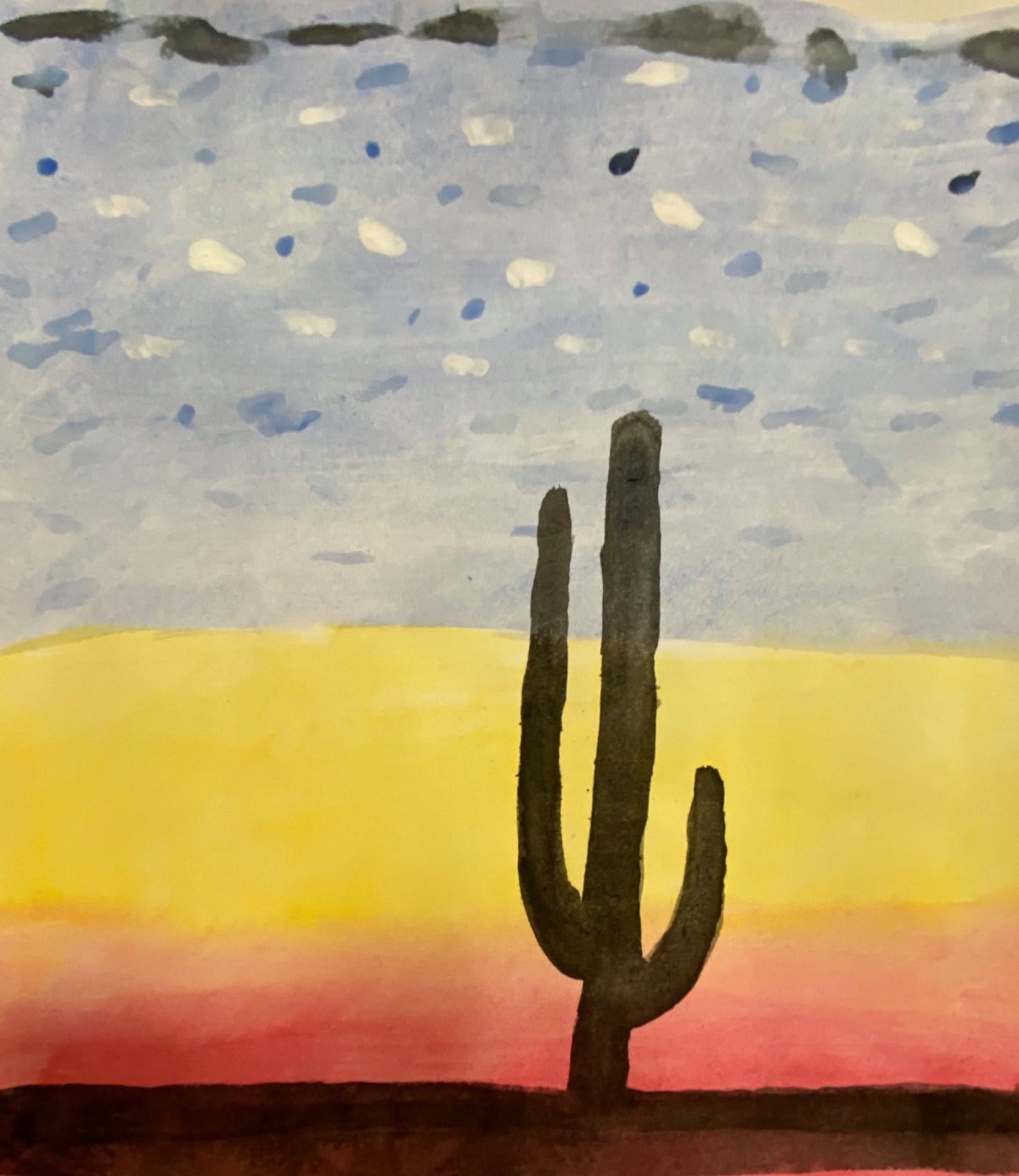 A painting of a cactus against a sunset sky in the desert.