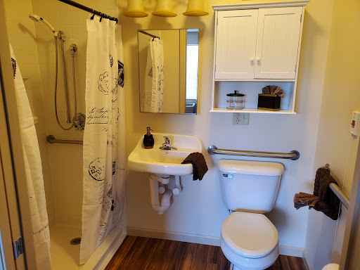 A well-organized bathroom featuring a shower, toilet, and sink with decorative elements.