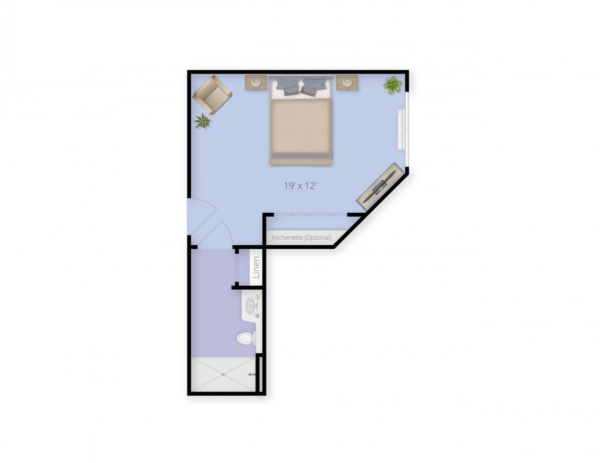 A simple floor plan of a bedroom with furniture layout.