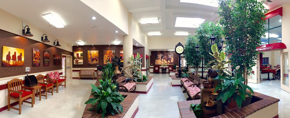 A spacious lobby featuring comfortable seating, lush greenery, and decorative artwork.