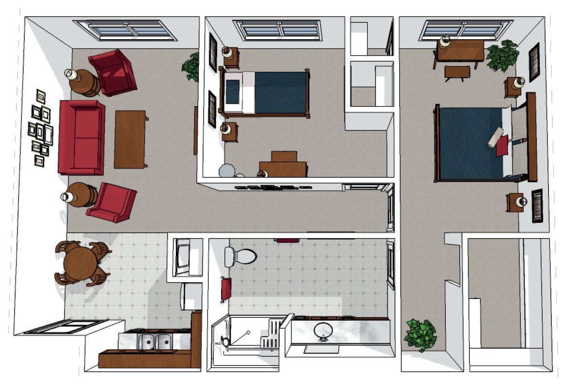 3D floor plan of a two-bedroom apartment with living room, kitchen, and bathroom.
