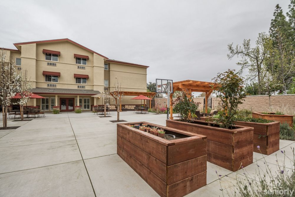 A modern building with an outdoor patio area featuring wooden planters and a garden setup on an overcast day.