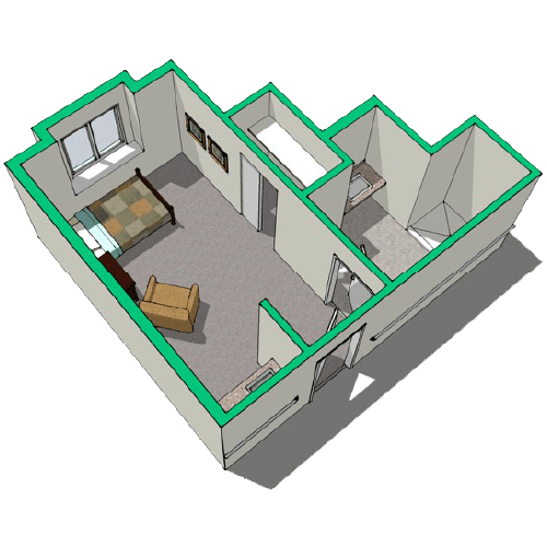 A 3D model of a single-room floor plan with a bedroom and bathroom.