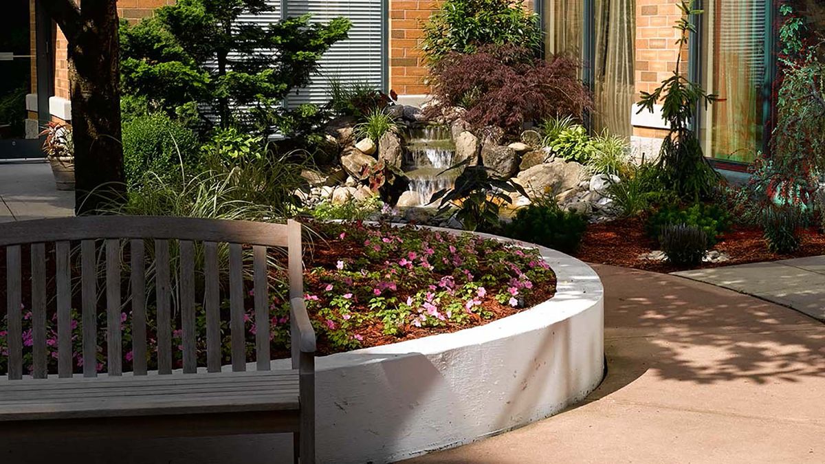 A beautifully landscaped garden with a circular flower bed and a wooden bench.