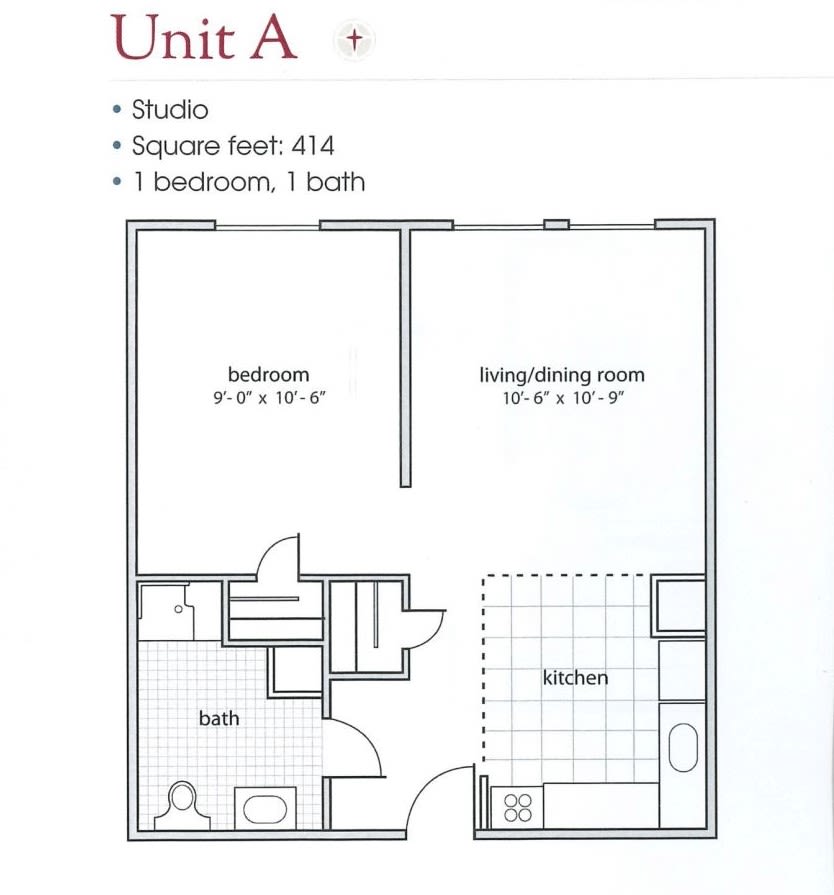 Floor plan of Unit A, a 414 square feet studio apartment with 1 bedroom and 1 bath.