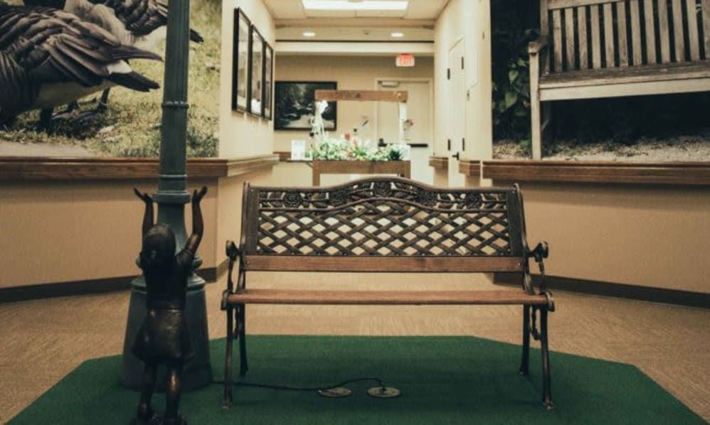 A decorative bench placed in an indoor hallway setting.