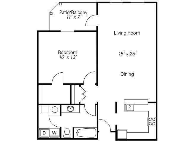 A floor plan of a one-bedroom apartment featuring a living room, dining area, kitchen, bathroom, and patio.