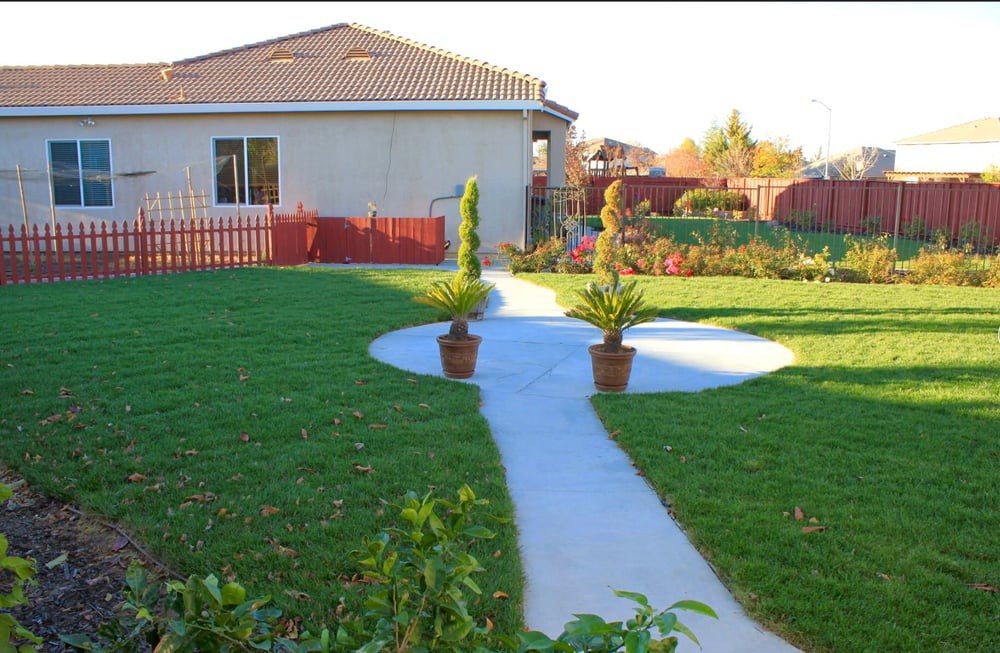 A well-maintained garden with a concrete pathway leads to a cozy house, featuring potted plants and lush green grass.