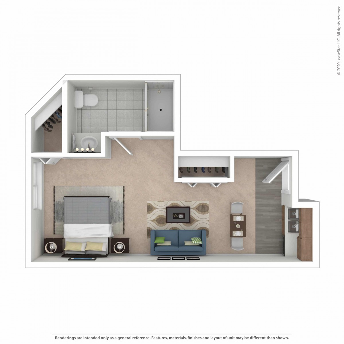 A detailed floor plan of a bedroom with an adjacent bathroom, showcasing furniture arrangement and spatial design.